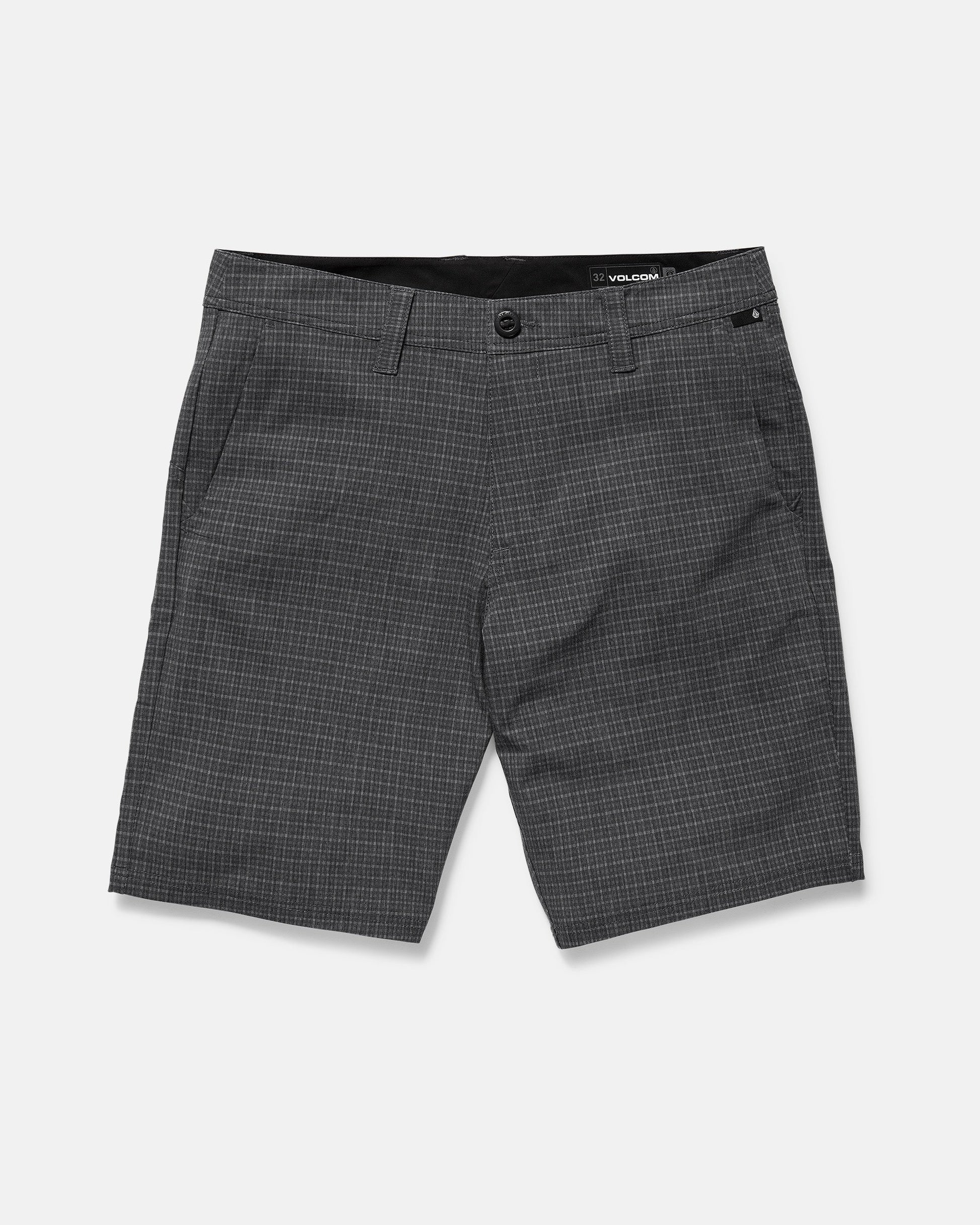 Men's Mix Frickin Cross Shred Shorts by Volcom in charcoal gray plaid, with fixed waist, 4-way stretch, belt loops, recycled buckle button, zipper closure, and side/back pockets—displayed flat on a white background.