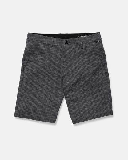 Men's Mix Frickin Cross Shred Shorts by Volcom in charcoal gray plaid, with fixed waist, 4-way stretch, belt loops, recycled buckle button, zipper closure, and side/back pockets—displayed flat on a white background.