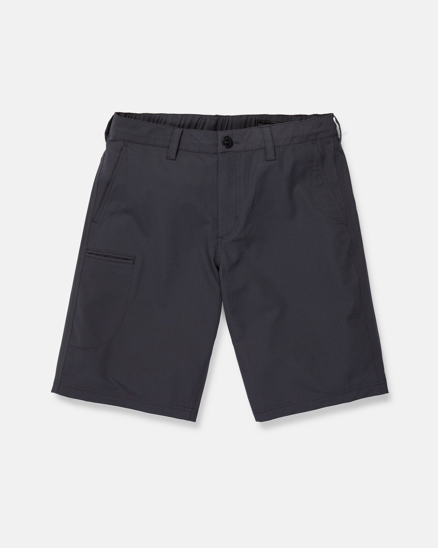 Men's Venture Stone Hybrid Shorts by Volcom in dark gray, made from recycled-poly fabric. These knee-length shorts feature a waistband with belt loops, a front button closure, and an angled side pocket on the left leg. Shown on a plain white background.