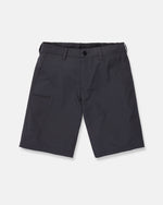 Men's Venture Stone Hybrid Shorts by Volcom in dark gray, made from recycled-poly fabric. These knee-length shorts feature a waistband with belt loops, a front button closure, and an angled side pocket on the left leg. Shown on a plain white background.