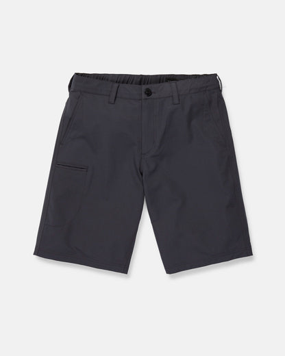 Men's Venture Stone Hybrid Shorts by Volcom in dark gray, made from recycled-poly fabric. These knee-length shorts feature a waistband with belt loops, a front button closure, and an angled side pocket on the left leg. Shown on a plain white background.