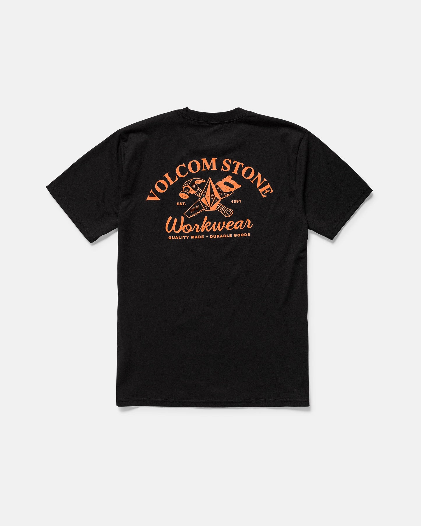 The Men's Crosscut Workwear Short Sleeve Tee by Volcom features an orange graphic with a hand holding a hammer and wrench, plus "VOLCOM STONE Workwear" and "Quality Made Durable Goods." Enjoy classic fit and all-cotton comfort.