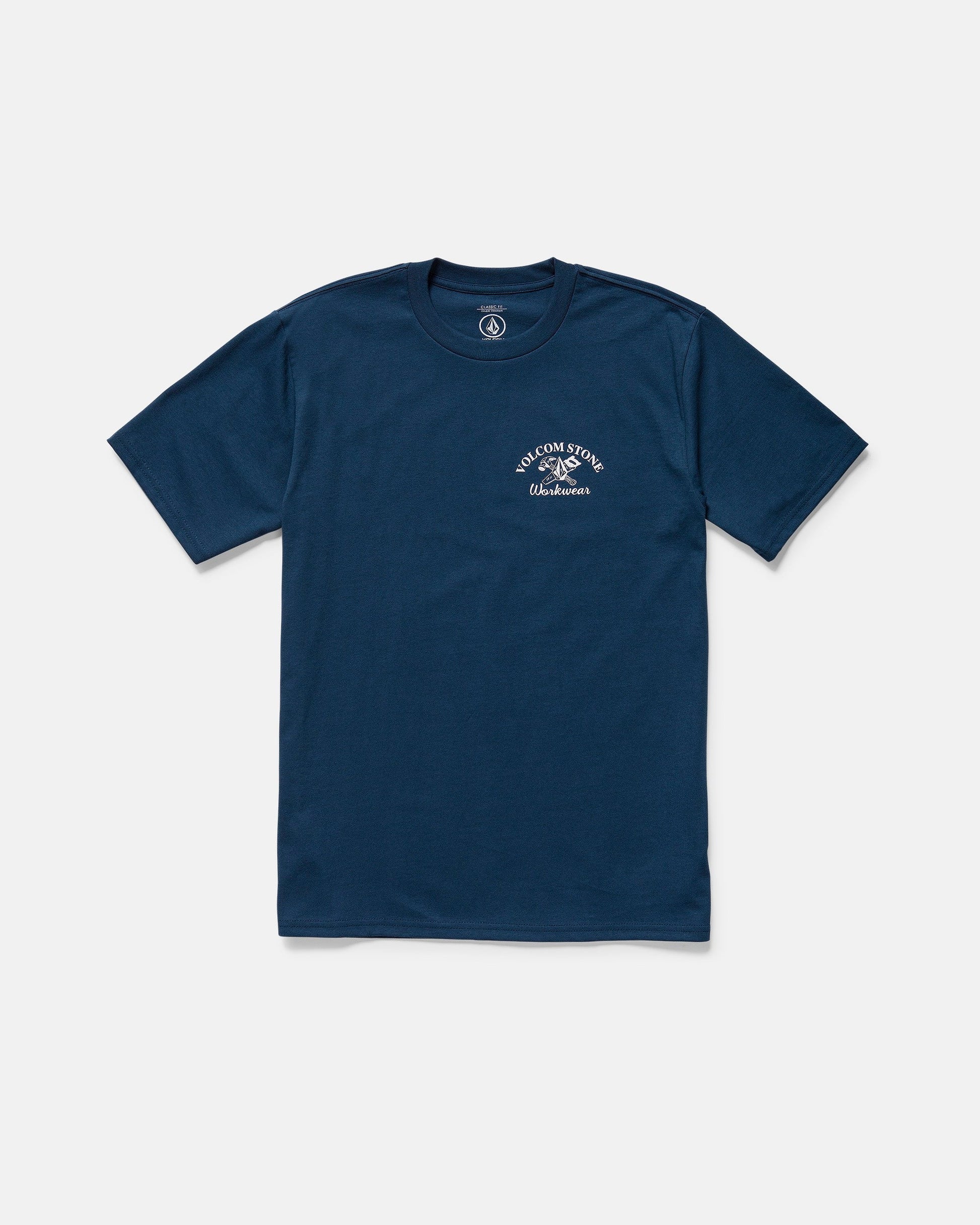 The Men's Crosscut Workwear Short Sleeve Tee by Volcom in navy features a small white Rolling Stones tongue logo and text on the left chest. Made from all cotton, it is shown laid flat on a white background.