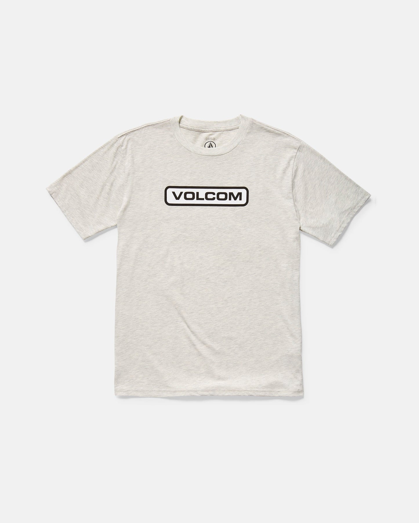 The Volcom Men's Eurobox Short Sleeve Tee is a light gray, classic fit cotton t-shirt featuring VOLCOM in bold black letters inside a rounded rectangle on the chest, shown laid flat on a white background.