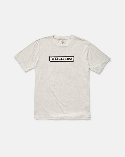 The Volcom Men's Eurobox Short Sleeve Tee is a light gray, classic fit cotton t-shirt featuring VOLCOM in bold black letters inside a rounded rectangle on the chest, shown laid flat on a white background.