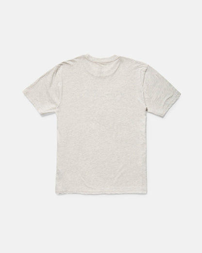 The Volcom Men's Eurobox Short Sleeve Tee is a classic fit cotton t-shirt in light gray, shown from the back and laid flat on a white background.
