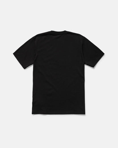 The Men's Star Shields Featured Artist Exp Short Sleeve Tee by Volcom is a black cotton shirt shown flat, back side up, on a white background—perfect for those who love Star Shields and minimal style.