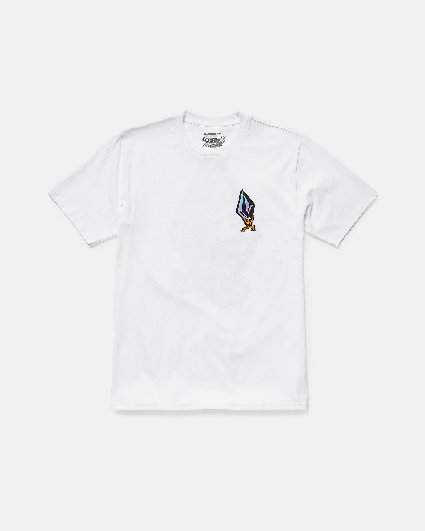 The Volcom Men's Star Shields Featured Artist Exp Short Sleeve Tee is a 100% cotton white t-shirt with a small, colorful cartoon character holding a pencil graphic from the Star Shields collection on the left chest.