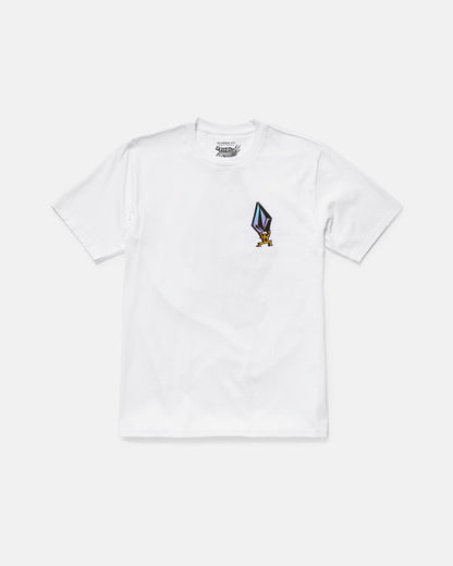 The Volcom Men's Star Shields Featured Artist Exp Short Sleeve Tee is a 100% cotton white t-shirt with a small, colorful cartoon character holding a pencil graphic from the Star Shields collection on the left chest.