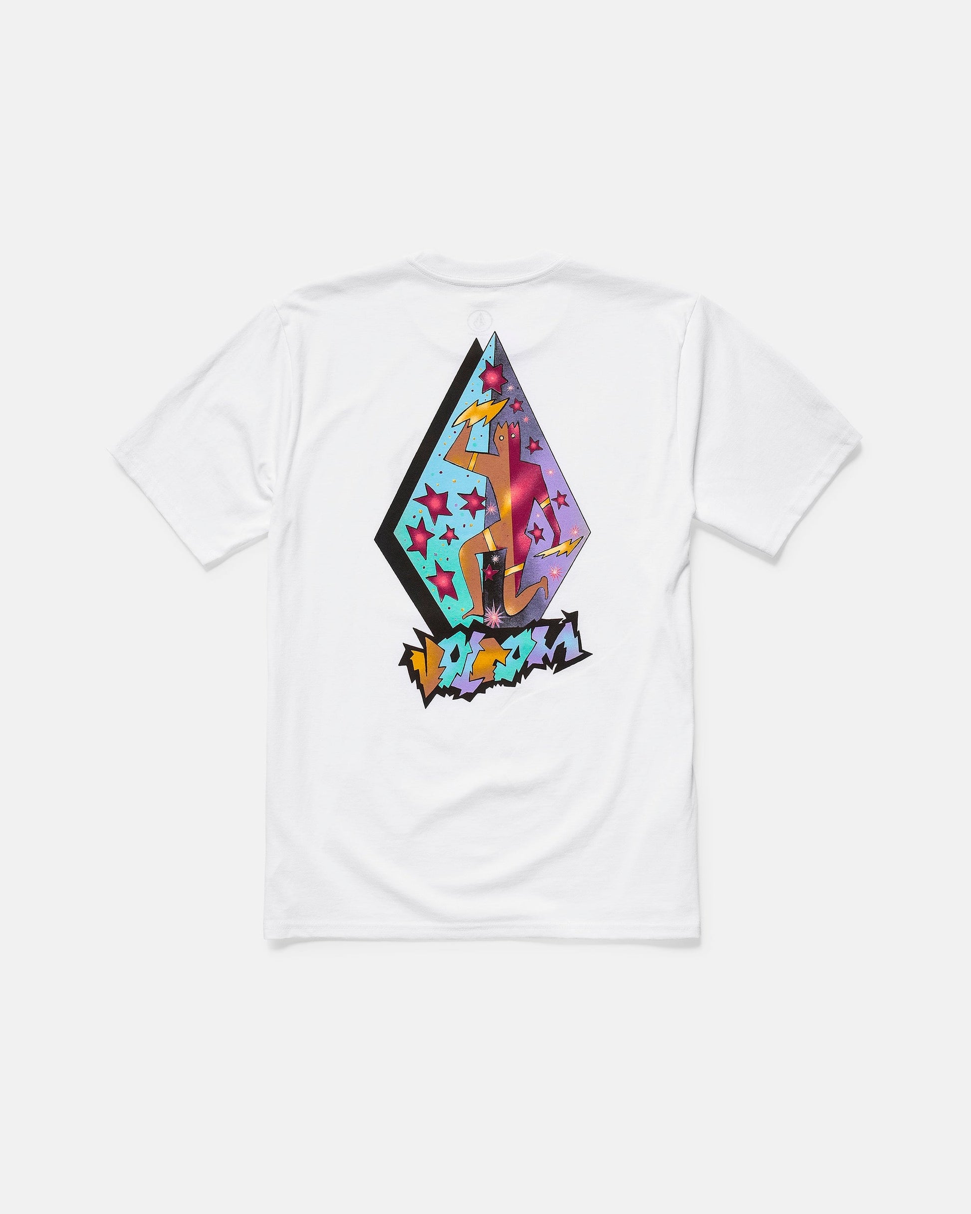 The Volcom Men's Star Shields Featured Artist Exp Short Sleeve Tee is a white 100% cotton shirt with a colorful back graphic—a stylized diamond with stars and abstract shapes—and graffiti-style "Star Shields" text below the design.