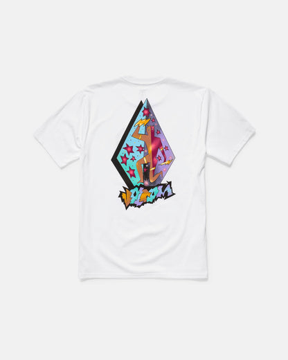 The Volcom Men's Star Shields Featured Artist Exp Short Sleeve Tee is a white 100% cotton shirt with a colorful back graphic—a stylized diamond with stars and abstract shapes—and graffiti-style "Star Shields" text below the design.