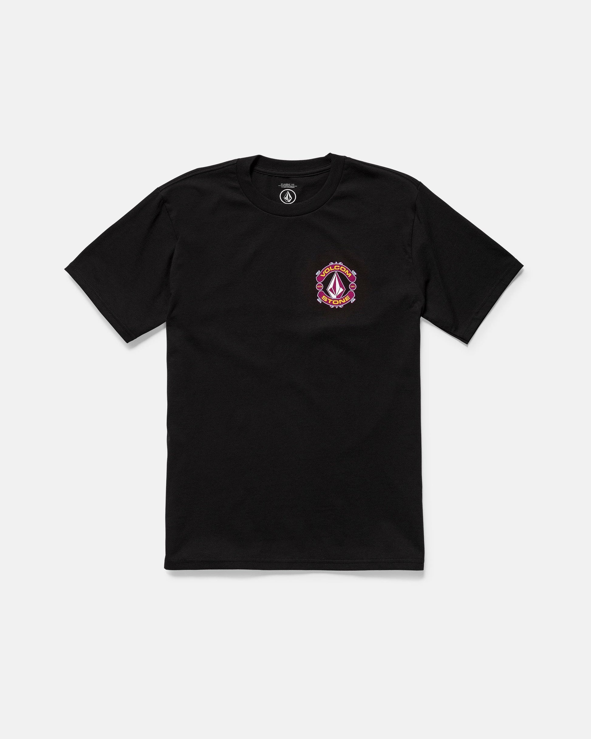 The Volcom Men's Freekick Short Sleeve Tee in black features a classic fit, breathable cotton, and a small colorful crest with geometric logo graphic on the left chest, shown on a plain white background.