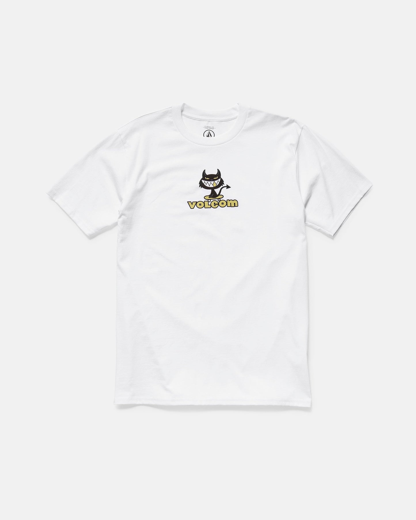 The Men's Devilish Short Sleeve Tee by Volcom is classic fit, made from 100% cotton, and features a small cartoon devil graphic above bold yellow Volcom lettering on the chest. It's shown laid flat on a white background.