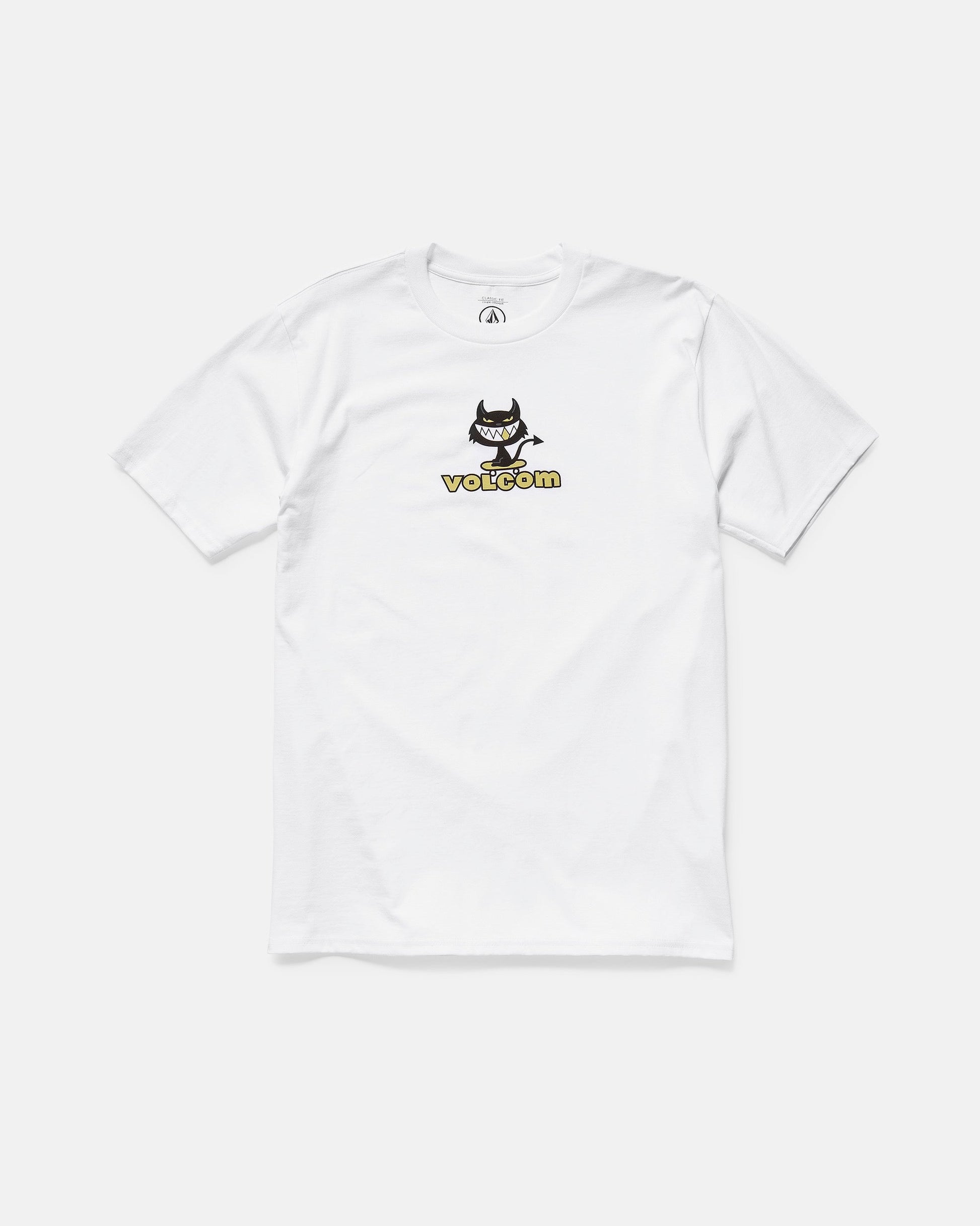 The Men's Devilish Short Sleeve Tee by Volcom is classic fit, made from 100% cotton, and features a small cartoon devil graphic above bold yellow Volcom lettering on the chest. It's shown laid flat on a white background.