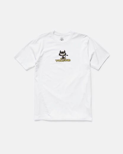 The Men's Devilish Short Sleeve Tee by Volcom is classic fit, made from 100% cotton, and features a small cartoon devil graphic above bold yellow Volcom lettering on the chest. It's shown laid flat on a white background.