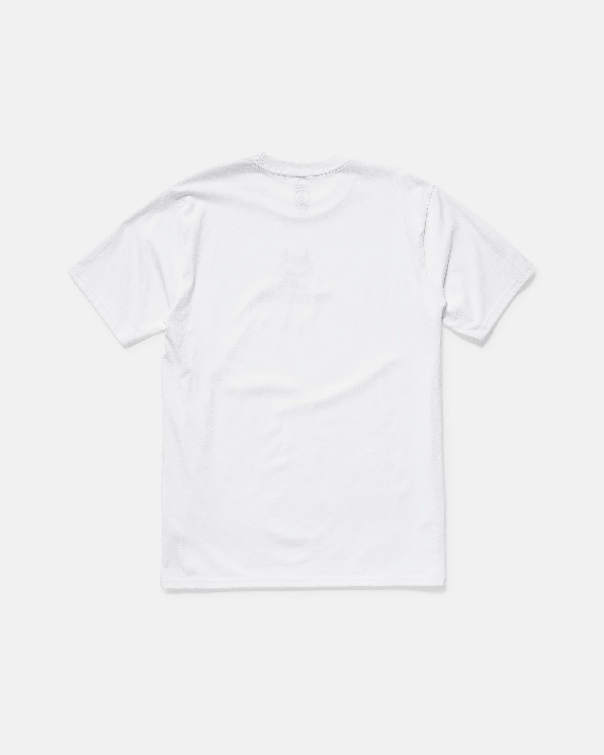 The Men’s Devilish Short Sleeve Tee by Volcom, made from 100% cotton in plain white, is displayed flat with the back side up on a light background.