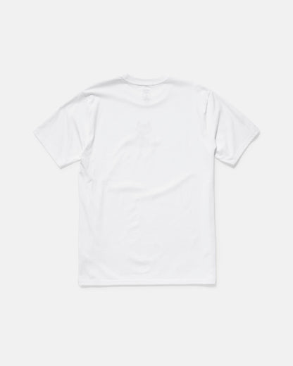 The Men’s Devilish Short Sleeve Tee by Volcom, made from 100% cotton in plain white, is displayed flat with the back side up on a light background.