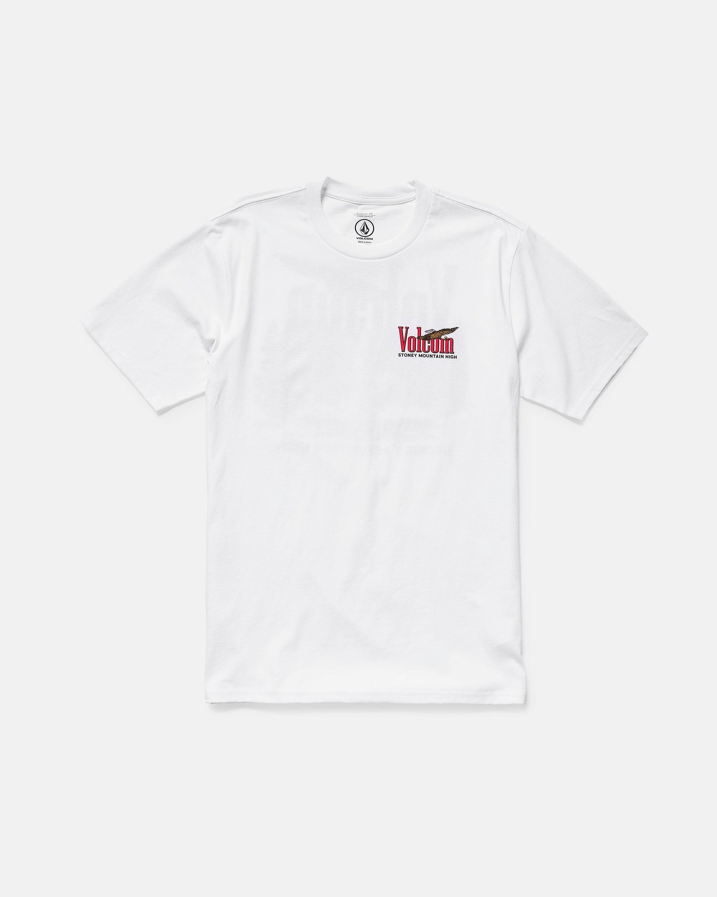 The Volcom Men's Stoney Mountain Short Sleeve Tee is a classic fit, 100% cotton shirt with a small red and black logo graphic on the left chest, shown on a plain white background.