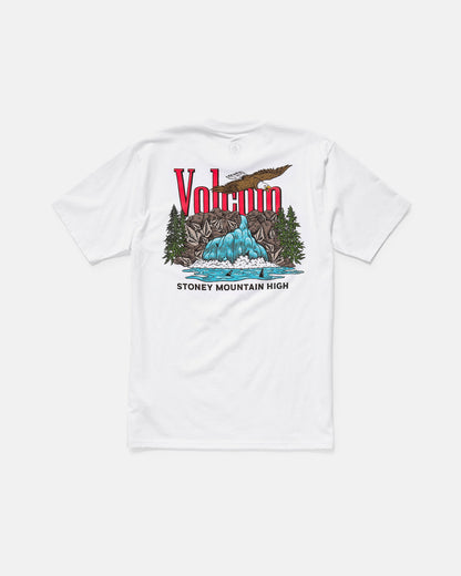 The Volcom Men's Stoney Mountain Short Sleeve Tee is a classic fit, 100% cotton shirt with a waterfall, trees, and mountains graphic on the back, “Volcano” in bold red above and “STONEY MOUNTAIN HIGH” printed below.
