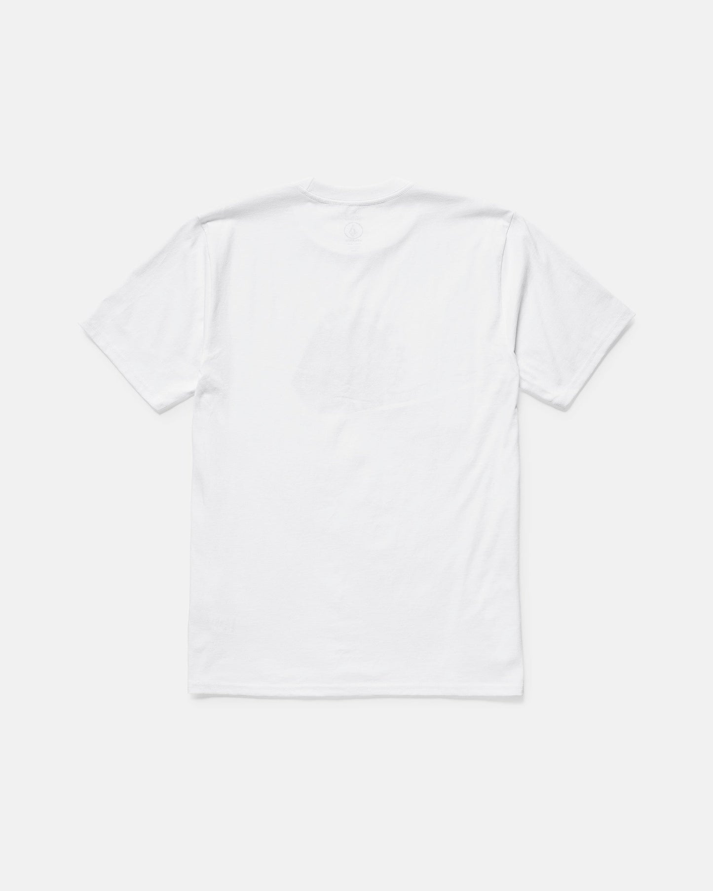 A plain white Volcom Men's Hypnotizer Short Sleeve Tee is laid flat, back side up on a light gray background. Crafted from 100% cotton, this classic fit shirt features no visible logos, patterns, or designs.