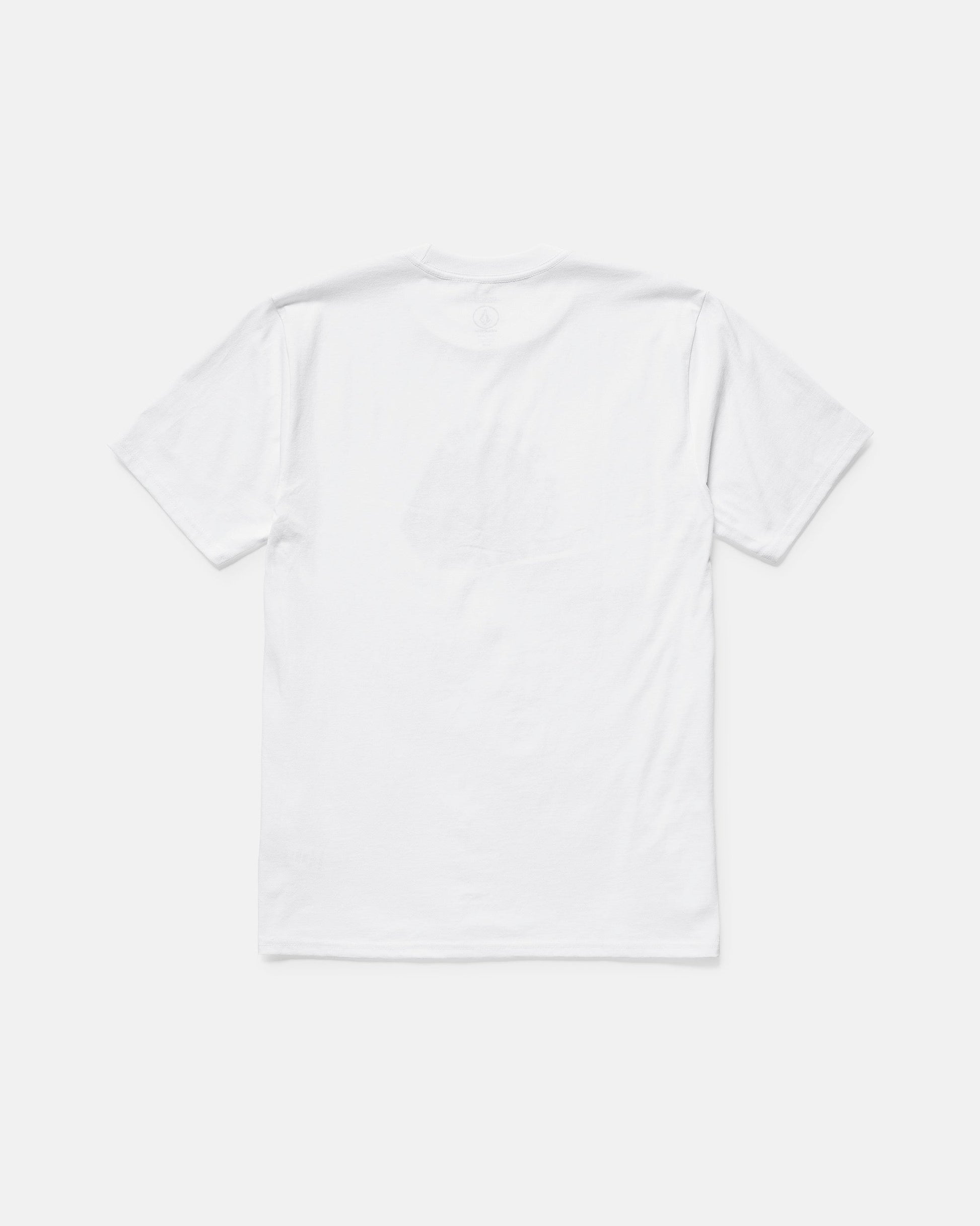 A plain white Volcom Men's Hypnotizer Short Sleeve Tee is laid flat, back side up on a light gray background. Crafted from 100% cotton, this classic fit shirt features no visible logos, patterns, or designs.