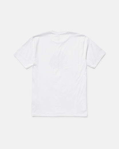 A plain white Volcom Men's Hypnotizer Short Sleeve Tee is laid flat, back side up on a light gray background. Crafted from 100% cotton, this classic fit shirt features no visible logos, patterns, or designs.