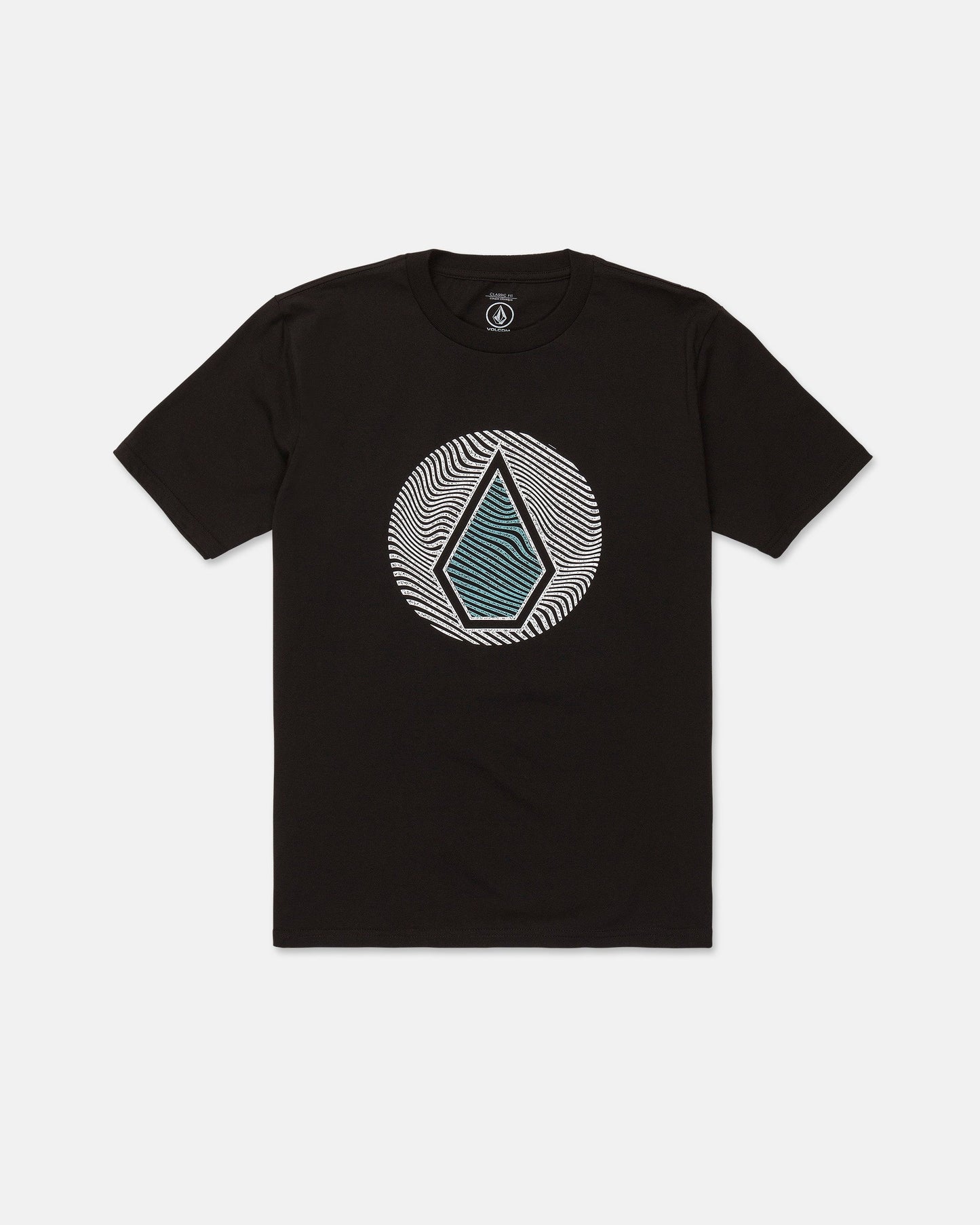 The Volcom Men's Wave Stone Short Sleeve Tee features a circular geometric design with a blue diamond set over black and white wavy lines at the center. Crafted from premium ring spun cotton, this classic fit t-shirt combines comfort with style.