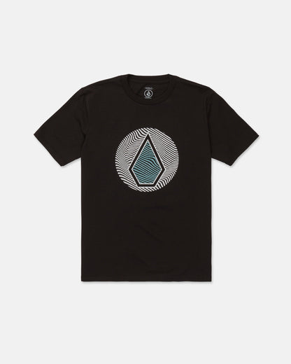 The Volcom Men's Wave Stone Short Sleeve Tee features a circular geometric design with a blue diamond set over black and white wavy lines at the center. Crafted from premium ring spun cotton, this classic fit t-shirt combines comfort with style.