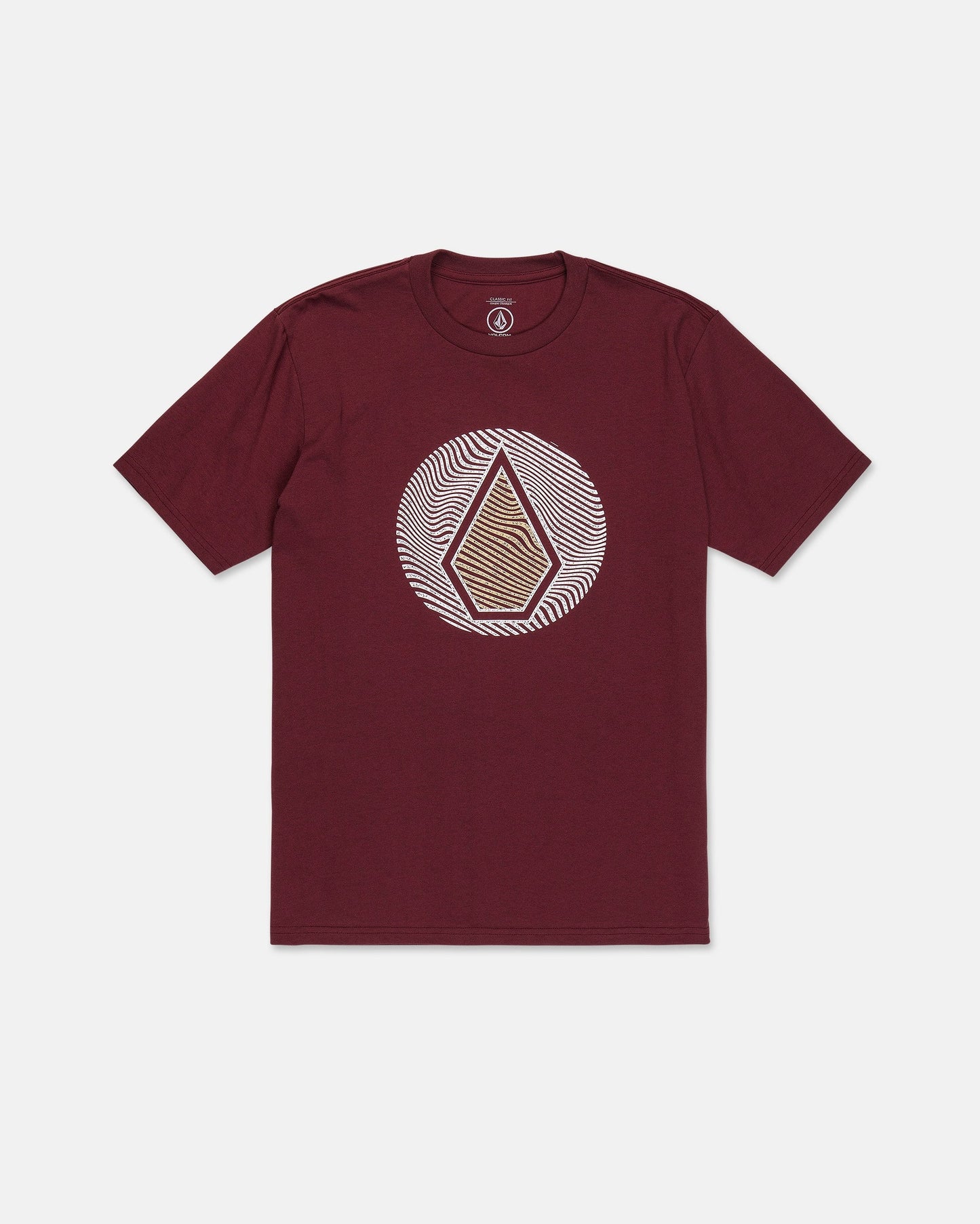 The Volcom Men's Wave Stone Short Sleeve Tee is a maroon t-shirt featuring a geometric design with a central diamond shape inside a white circular pattern on the chest, crafted from premium ring spun cotton for exceptional comfort and durability.