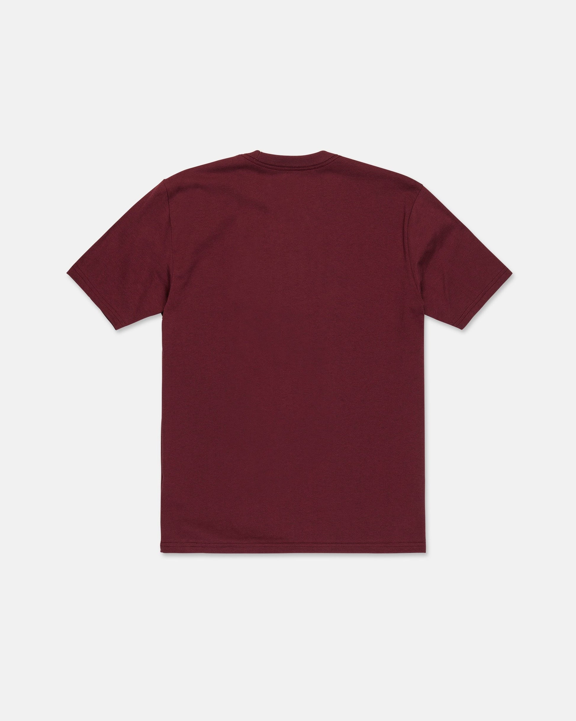 The Volcom Men's Wave Stone Short Sleeve Tee is shown laid flat with the back side facing up against a white background. This premium t-shirt is made from high-quality ring spun cotton and features a plain maroon color.