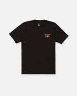 The Men's Stone Talon Workwear Short Sleeve Tee by Volcom is a black classic-fit tee made from heavyweight cotton for long-lasting durability. It features a small orange and white Volcom Stone logo on the left chest and is shown against a plain white background.