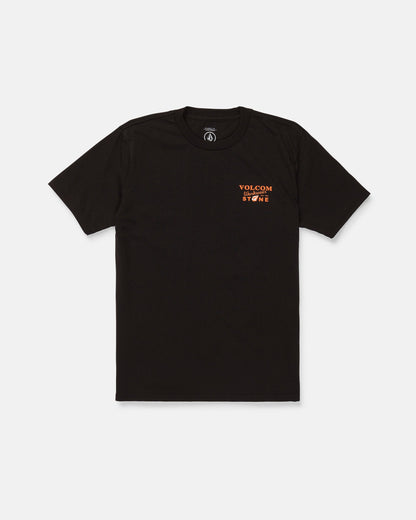 The Men's Stone Talon Workwear Short Sleeve Tee by Volcom is a black classic-fit tee made from heavyweight cotton for long-lasting durability. It features a small orange and white Volcom Stone logo on the left chest and is shown against a plain white background.