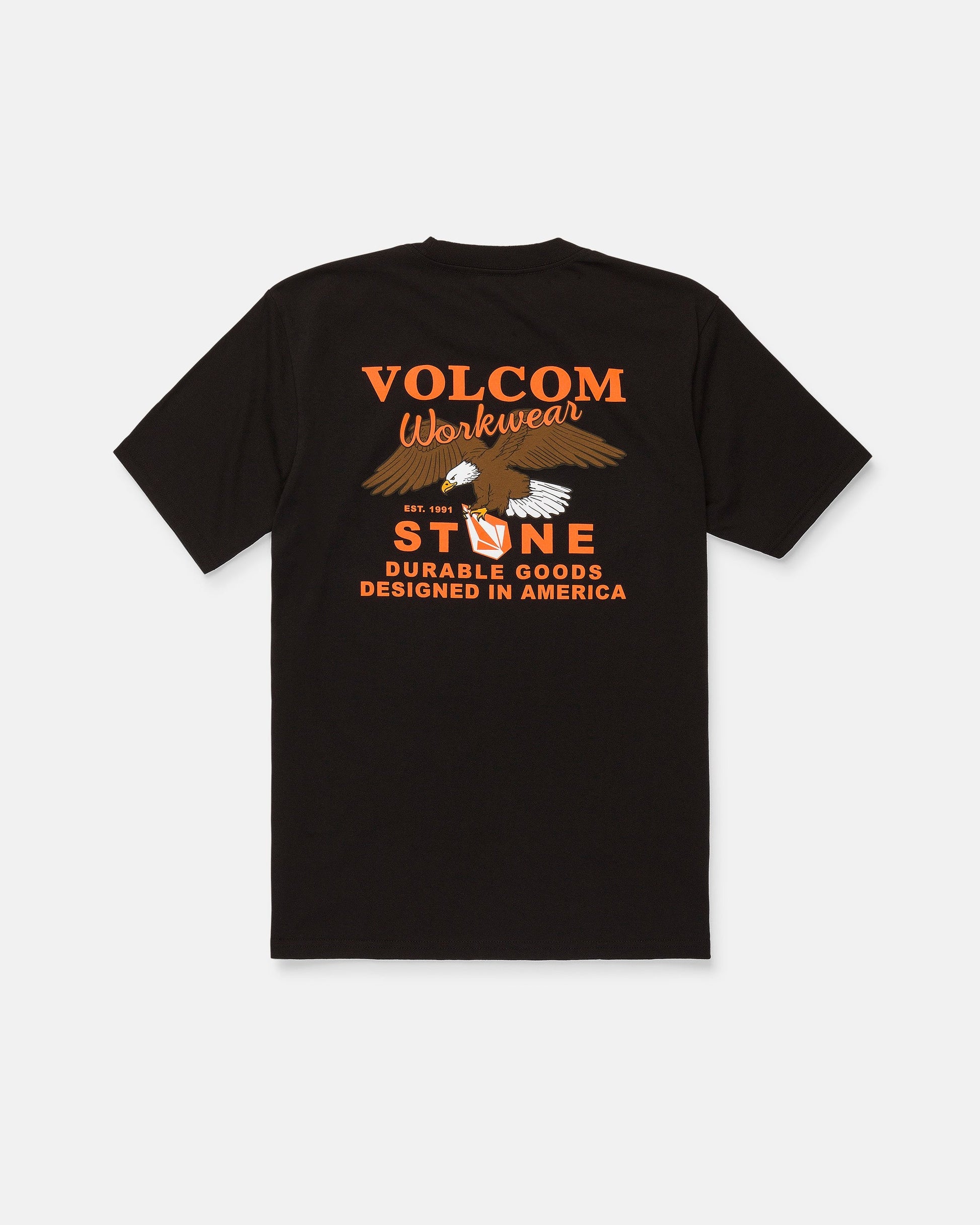 Men's Stone Talon Workwear Short Sleeve Tee by Volcom features an eagle graphic and "Stone Durable Goods Designed in America" printed in orange on the back. This classic fit black workwear tee is made from heavyweight cotton to ensure comfort and long-lasting durability.