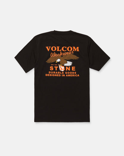 Men's Stone Talon Workwear Short Sleeve Tee by Volcom features an eagle graphic and "Stone Durable Goods Designed in America" printed in orange on the back. This classic fit black workwear tee is made from heavyweight cotton to ensure comfort and long-lasting durability.