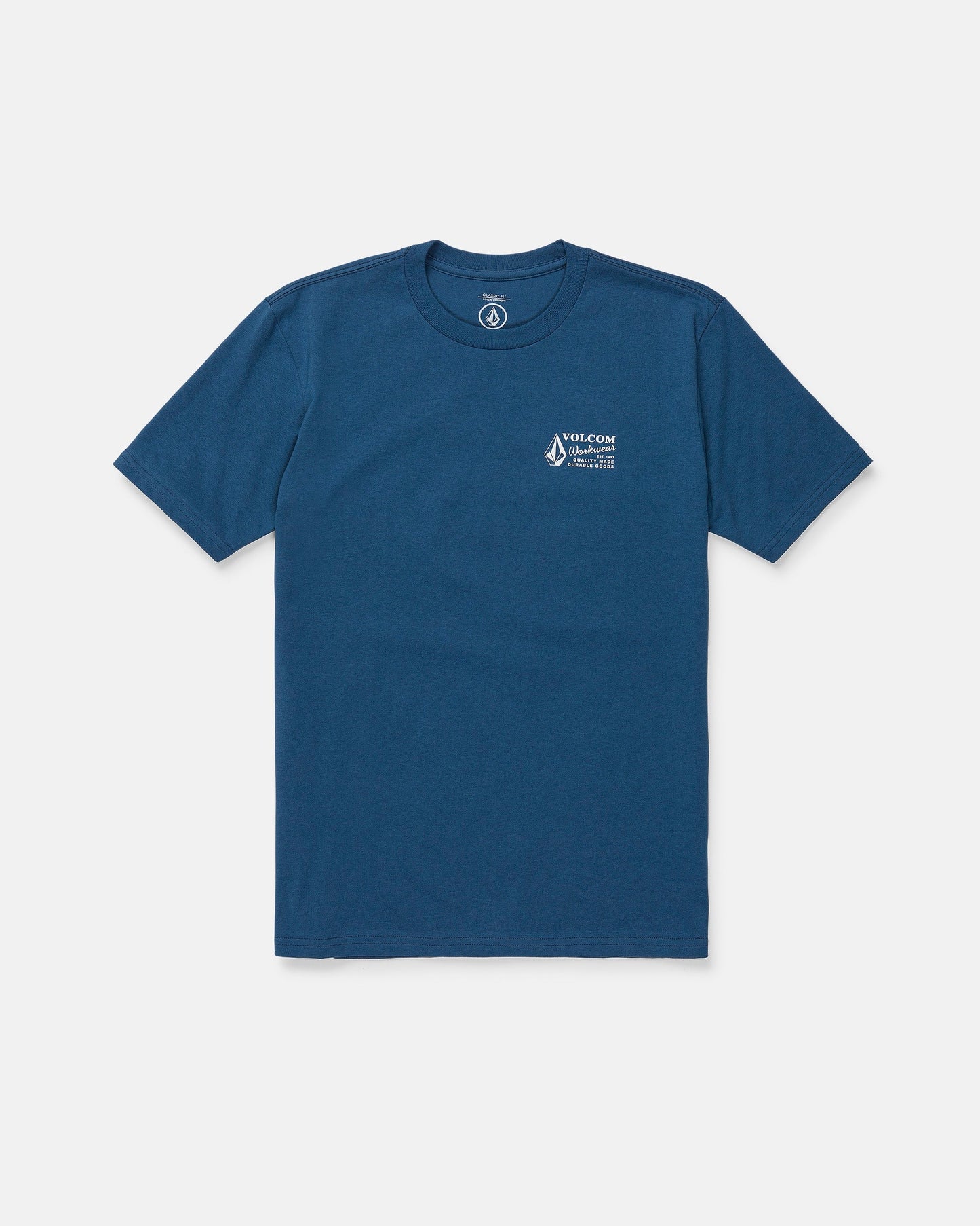 A Men's Volcom Workwear Short Sleeve Tee, made from heavy-weight cotton in plain blue, featuring a small white Volcom Workwear logo and text on the left chest, displayed flat on a white background.