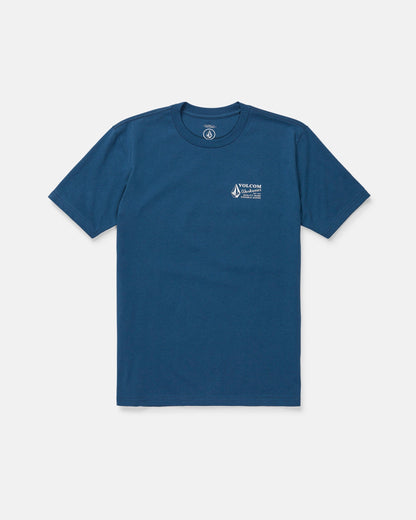 A Men's Volcom Workwear Short Sleeve Tee, made from heavy-weight cotton in plain blue, featuring a small white Volcom Workwear logo and text on the left chest, displayed flat on a white background.