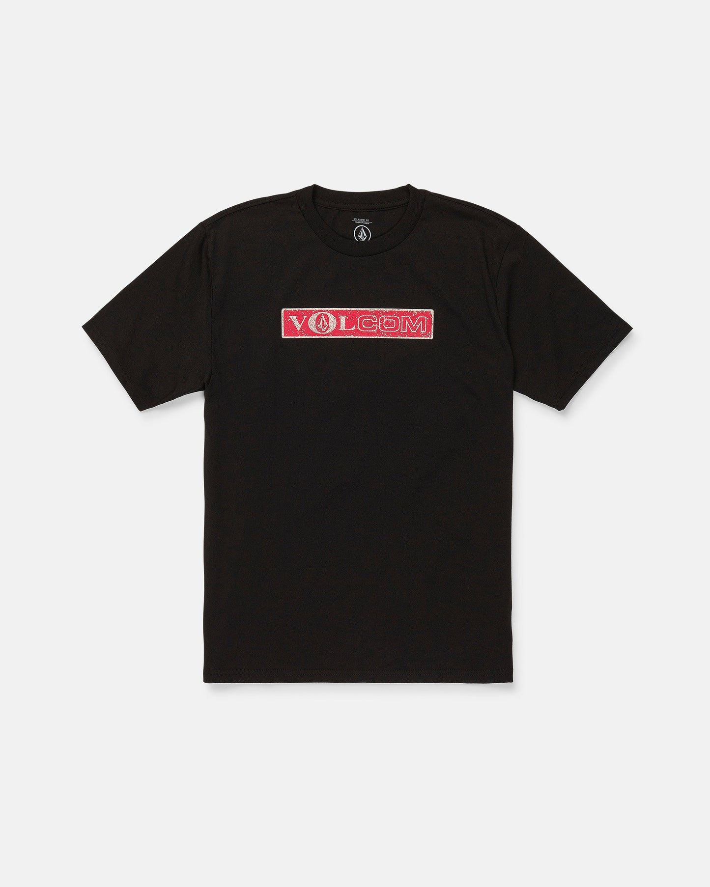 A Men's Dual Euro Short Sleeve Tee by Volcom, crafted from premium ring-spun cotton in black with a classic fit. The front features "VOLCOM" in white letters inside a red rectangle on the chest. The t-shirt is laid flat on a white background.