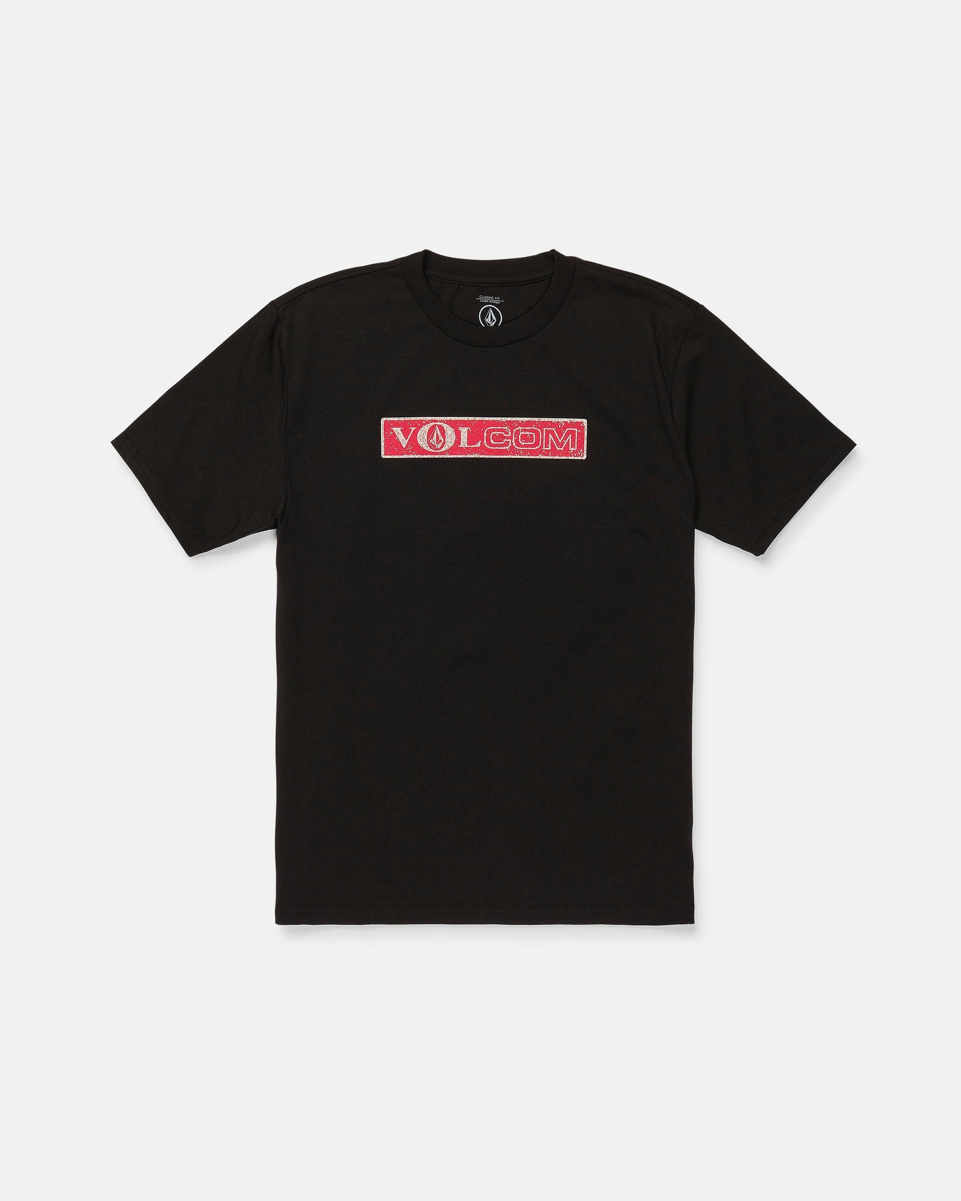 A Men's Dual Euro Short Sleeve Tee by Volcom, crafted from premium ring-spun cotton in black with a classic fit. The front features "VOLCOM" in white letters inside a red rectangle on the chest. The t-shirt is laid flat on a white background.