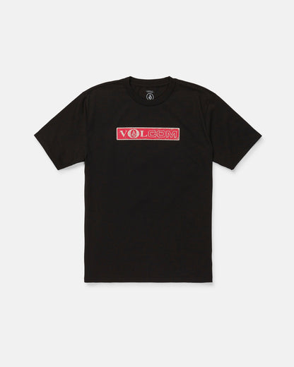 A Men's Dual Euro Short Sleeve Tee by Volcom, crafted from premium ring-spun cotton in black with a classic fit. The front features "VOLCOM" in white letters inside a red rectangle on the chest. The t-shirt is laid flat on a white background.