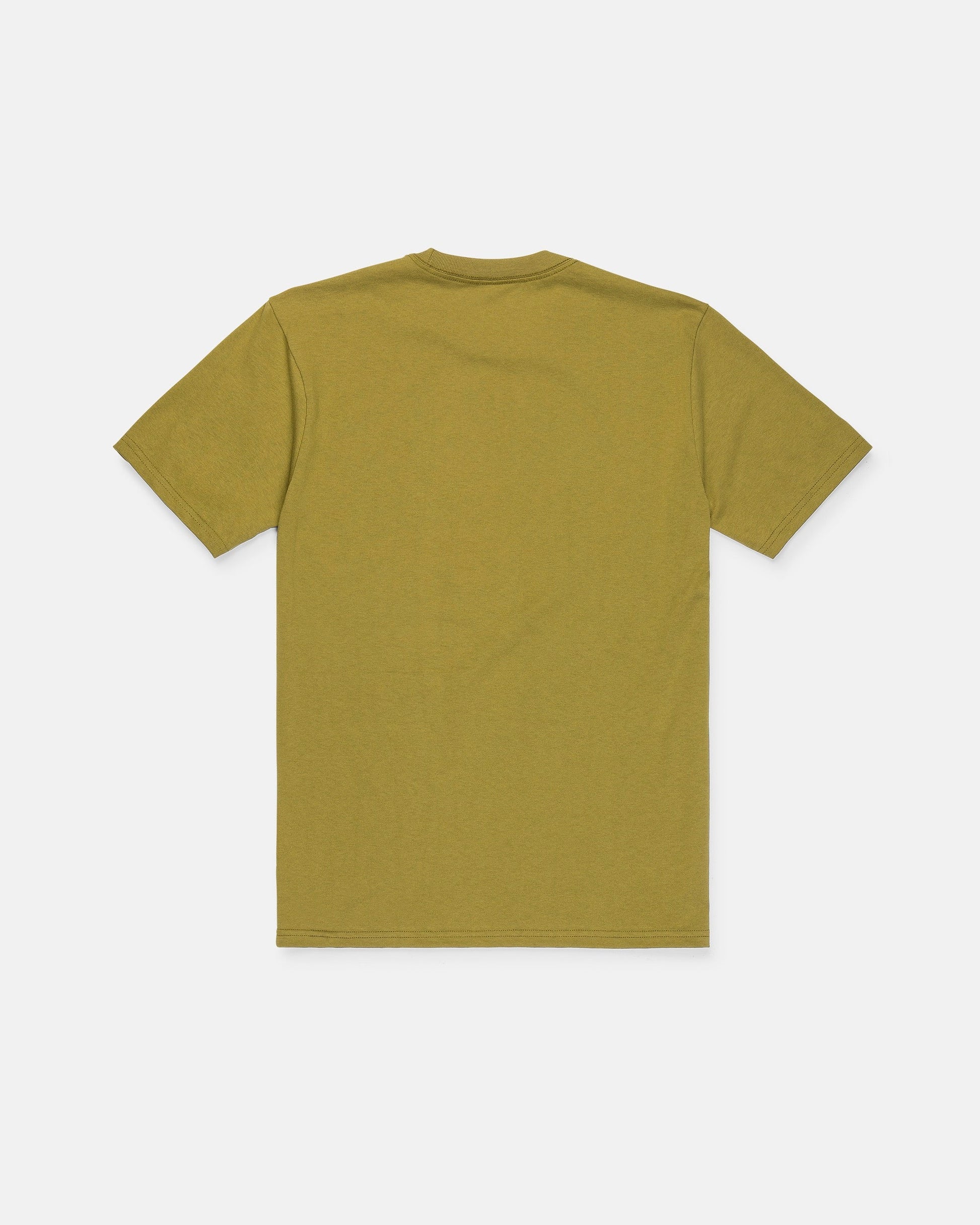 A Volcom Men's Dual Euro Short Sleeve Tee in olive green, featuring a classic fit and plain design, is displayed laid flat with the back side facing up against a white background.