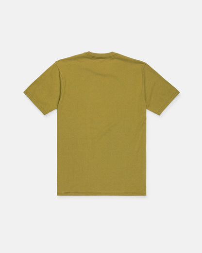 A Volcom Men's Dual Euro Short Sleeve Tee in olive green, featuring a classic fit and plain design, is displayed laid flat with the back side facing up against a white background.