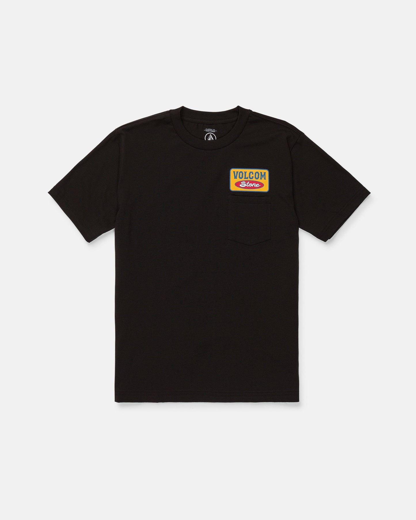 The Men's Snakes Oil Pocket Short Sleeve Tee by Volcom is a black heavyweight t-shirt made from premium ring spun cotton. It features a small chest pocket topped with a colorful rectangular patch displaying "VOLCOM Stone" in yellow, red, and blue lettering. The tee is shown laid flat against a white background.