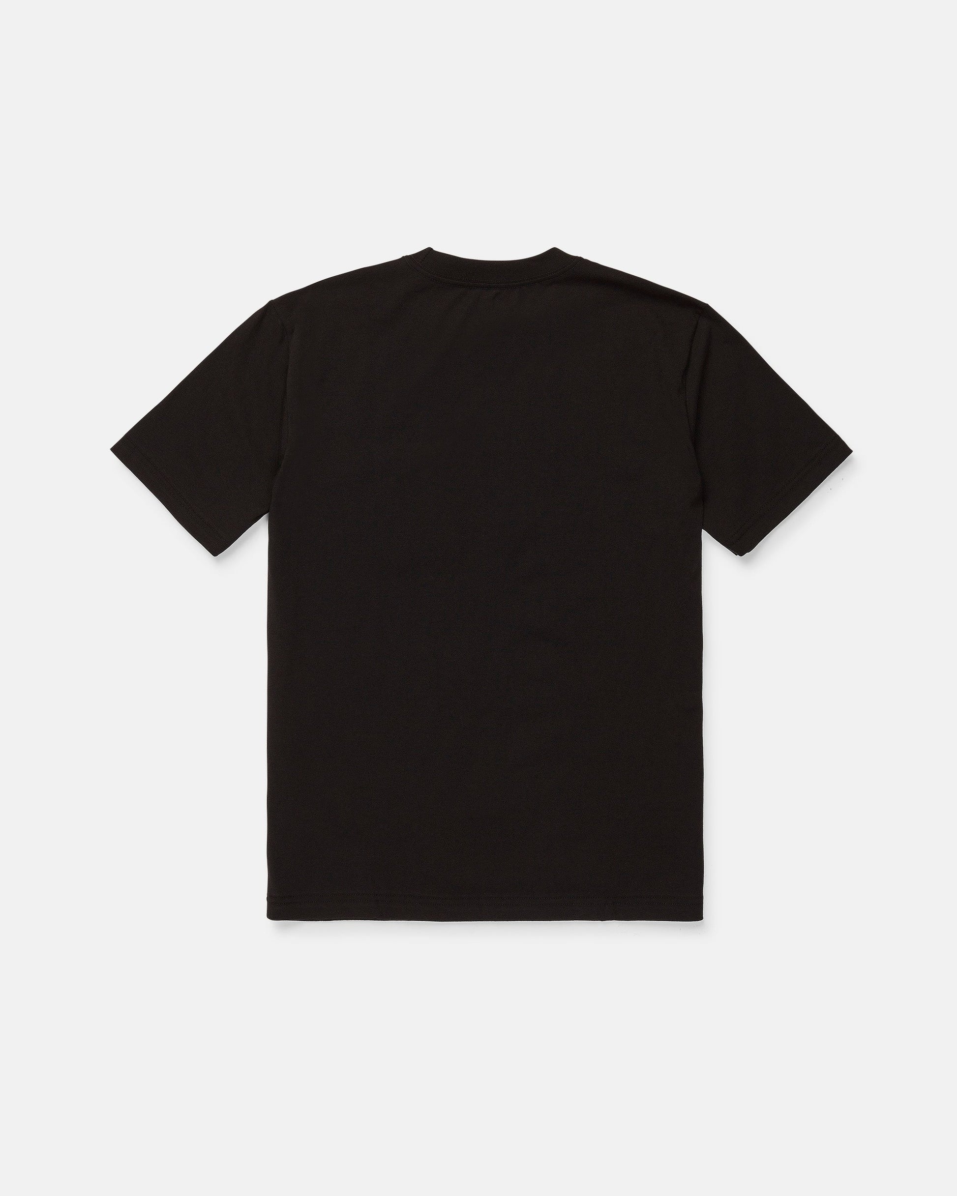 The Volcom Men's Snakes Oil Pocket Short Sleeve Tee in black is displayed laid flat on a white background, showing the back of the shirt.