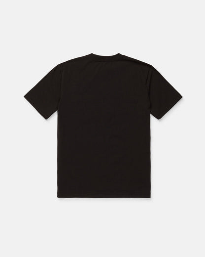 The Volcom Men's Snakes Oil Pocket Short Sleeve Tee in black is displayed laid flat on a white background, showing the back of the shirt.