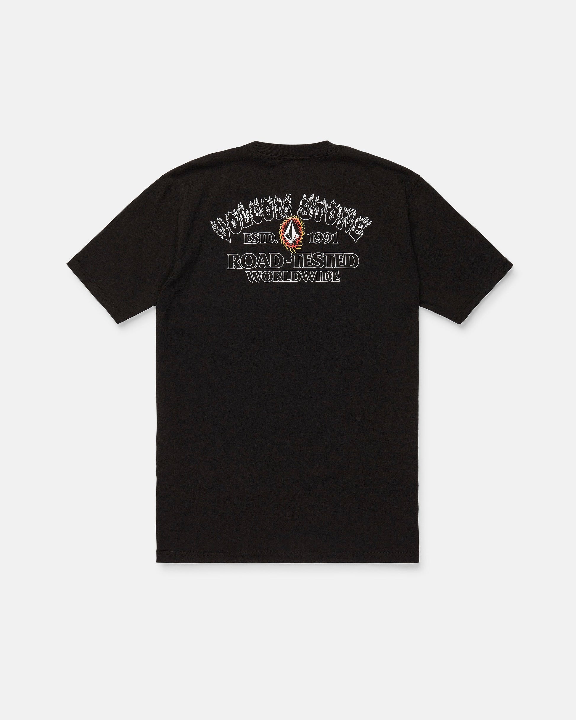 The Men's Ringafire Short Sleeve Tee by Volcom is crafted from heavy-weight premium cotton and features a striking flame graphic. The back showcases text reading "Volcom Stone, Estd. 1991, Road-Tested Worldwide," completed with a bold red and white Volcom logo beneath the text. This classic fit tee combines standout style with quality construction.