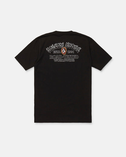 The Men's Ringafire Short Sleeve Tee by Volcom is crafted from heavy-weight premium cotton and features a striking flame graphic. The back showcases text reading "Volcom Stone, Estd. 1991, Road-Tested Worldwide," completed with a bold red and white Volcom logo beneath the text. This classic fit tee combines standout style with quality construction.