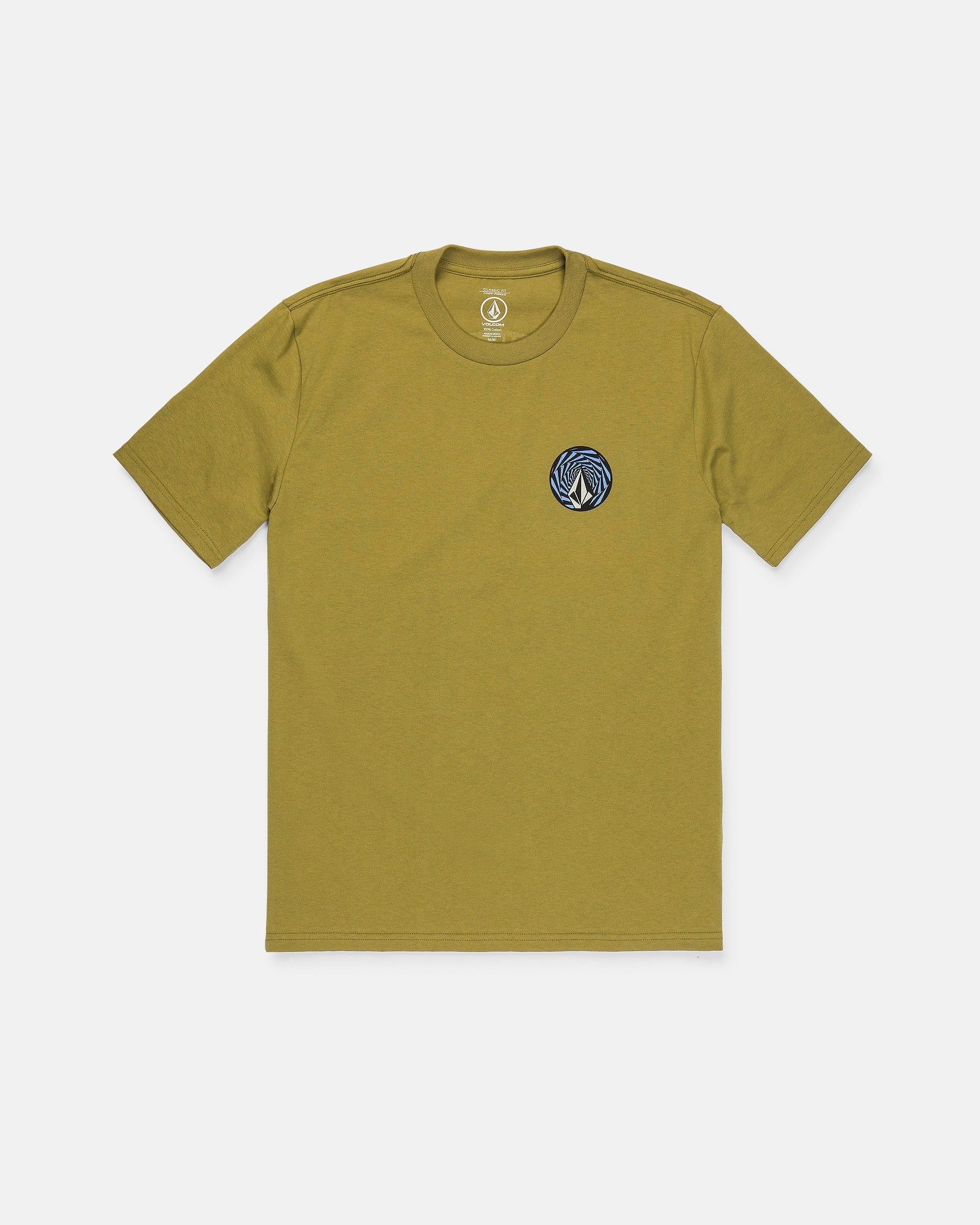 The Men's Dirty Work Short Sleeve Tee by Volcom is an olive-green, classic-fit t-shirt made from premium ring-spun cotton. It features a small, circular blue and white embroidered logo on the left chest. The shirt is shown laid flat against a plain white background.