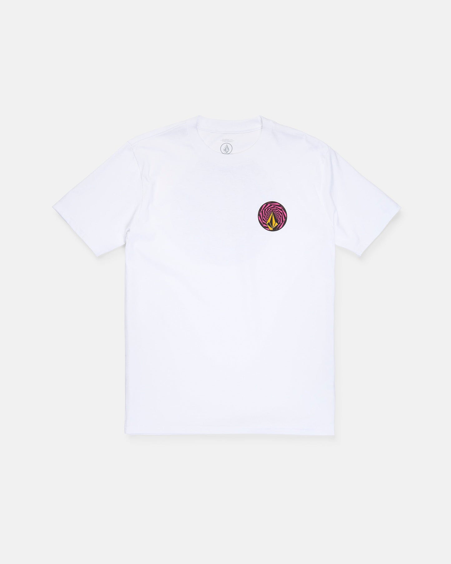 The Men's Dirty Work Short Sleeve Tee by Volcom is a white, classic fit t-shirt crafted from heavy weight cotton. It features a small, circular purple and yellow geometric logo screen-printed on the left chest for a soft-hand feel, and is laid flat on a plain, light background.