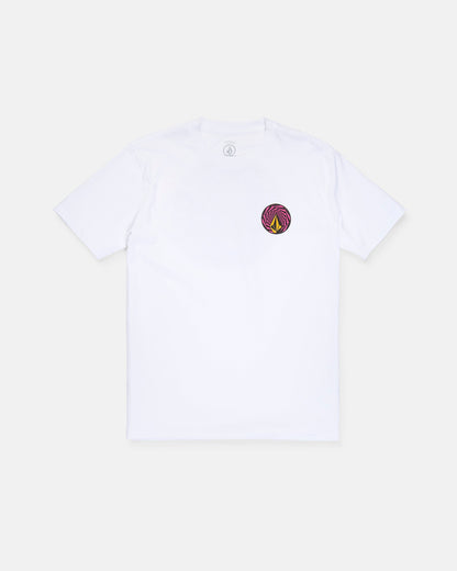 The Men's Dirty Work Short Sleeve Tee by Volcom is a white, classic fit t-shirt crafted from heavy weight cotton. It features a small, circular purple and yellow geometric logo screen-printed on the left chest for a soft-hand feel, and is laid flat on a plain, light background.