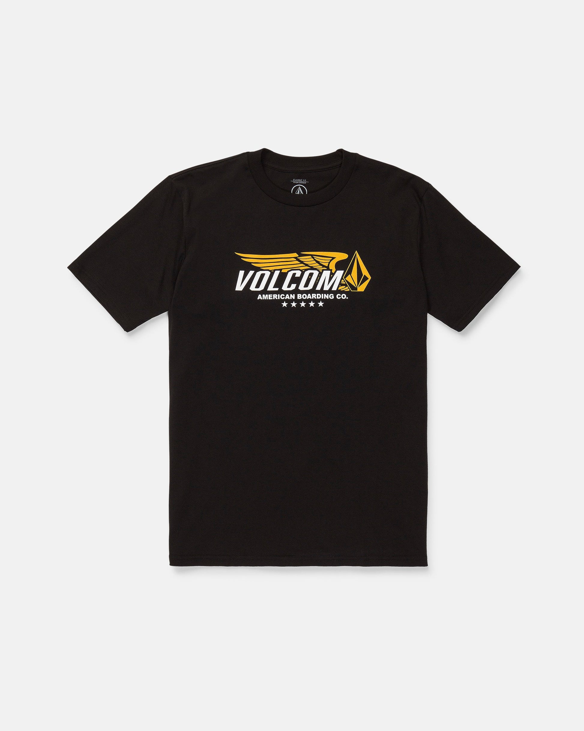 Introducing the Volcom Men's Speeder Short Sleeve Tee: a black classic fit premium t-shirt featuring a bold yellow and white VOLCOM logo and "American Skating Co." text on the front, complemented by a striking yellow geometric emblem to the right. Crafted from heavyweight cotton, this tee delivers enduring comfort and durability.